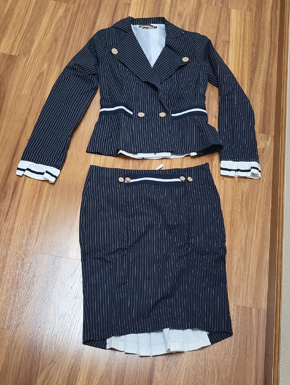 Rinascimento Navy Pinstripe Pencil Skirt with White Trim